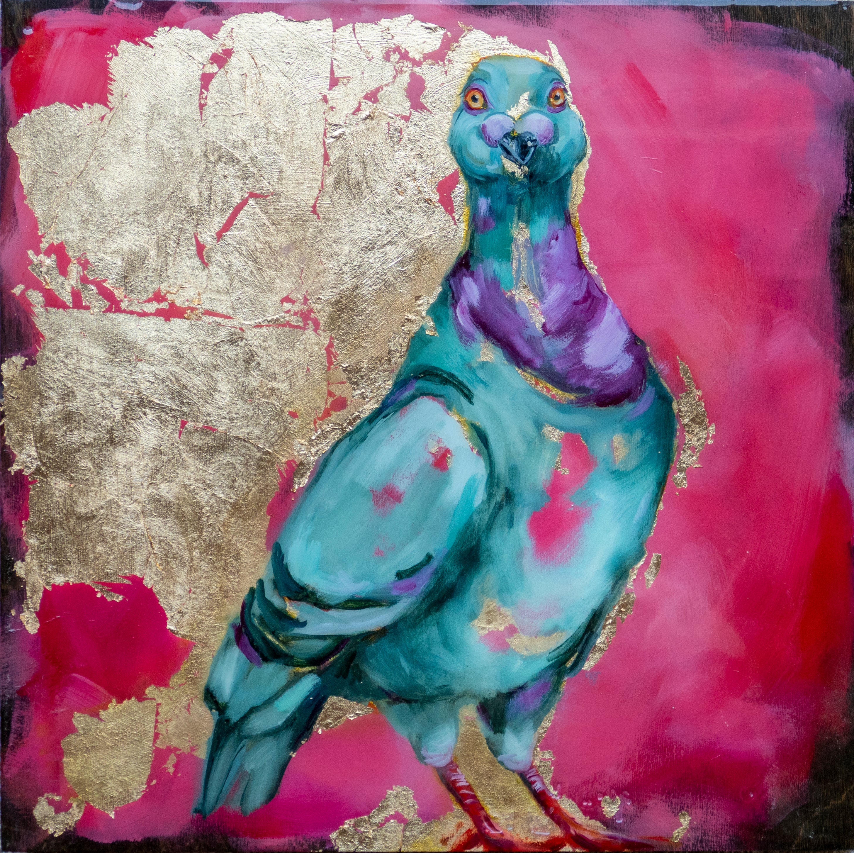 14"x14" painting of Pidgeon using mixed media; acrylic and oil, pencil, and gold leaf with glossy resin finish on surface; artist Shaney Watters