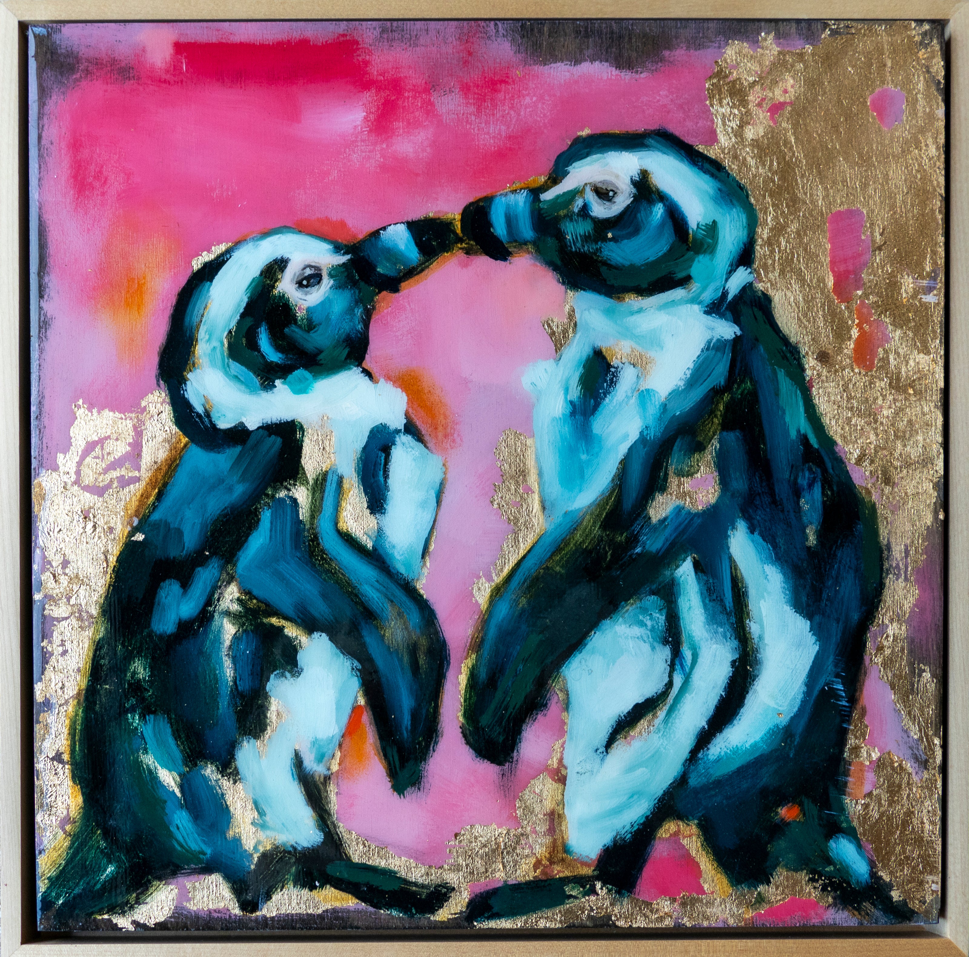 12.5"x12.5" painting of two Penguins is mixed media; using acrylic and oil, pencil, and gold leaf with glossy resin finish on surface; blues, pinks, and gold; artist Shaney Watters; had raw maple float frame