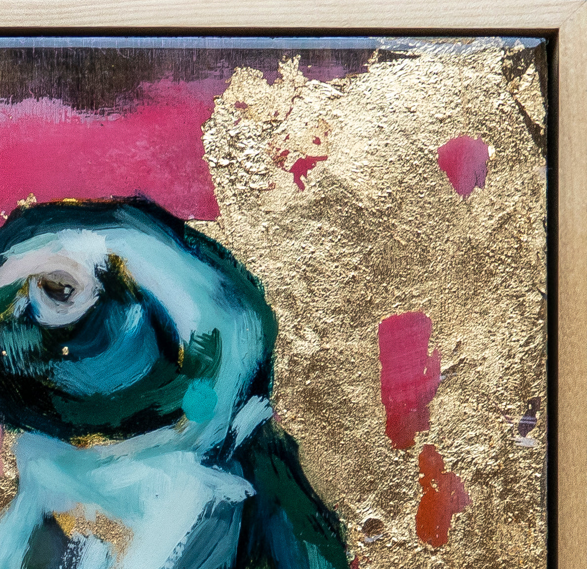 Close up of  painting of two Penguins is mixed media; using acrylic and oil, pencil, and gold leaf with glossy resin finish on surface; blues, pinks, and gold; artist Shaney Watters; has raw maple float frame