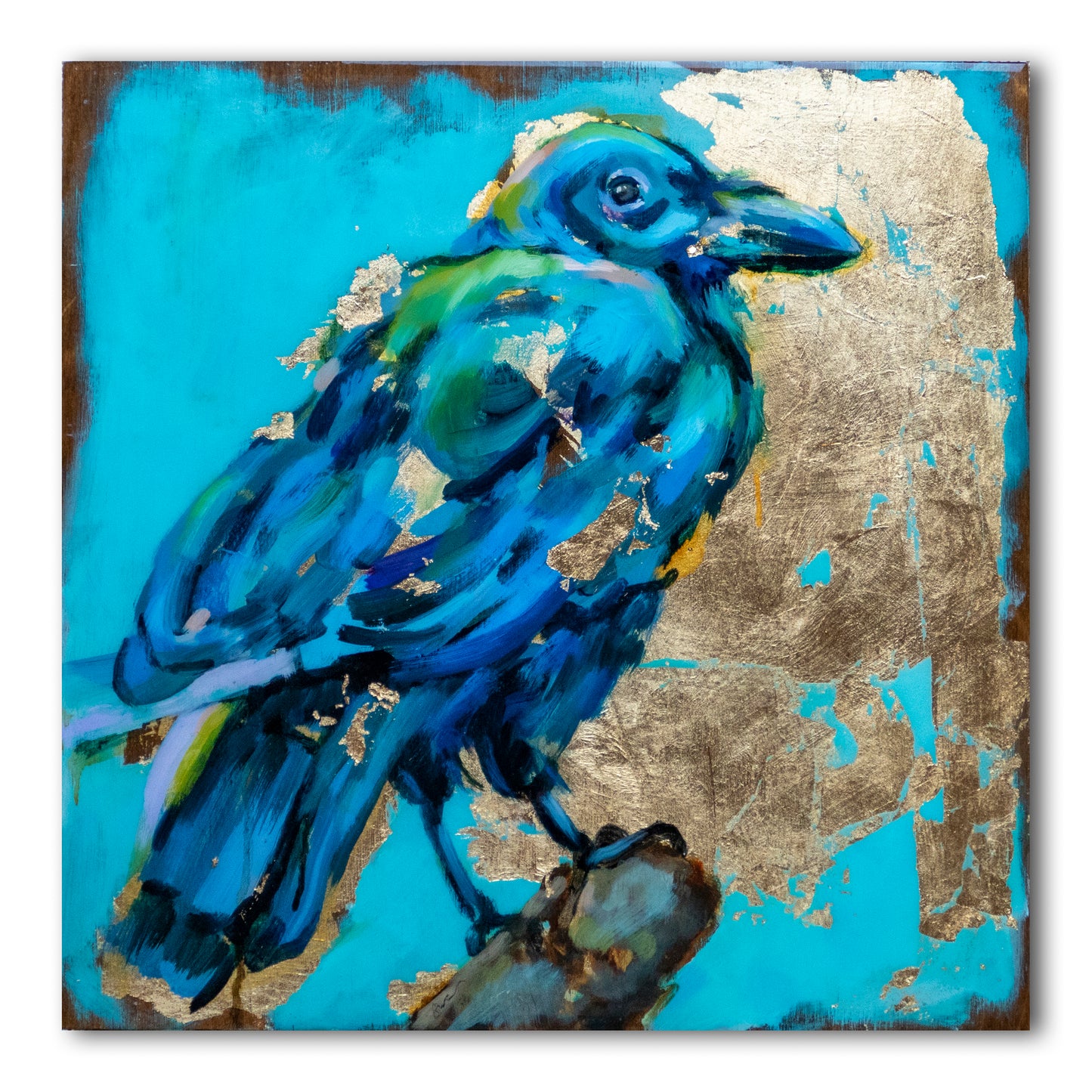 14"x14" painting of Raven  using mixed media; acrylic and oil, pencil, and gold leaf with glossy resin finish on surface; shades of blue and gold; artist Shaney Watters