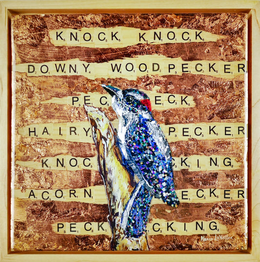 Mixed media painting in acrylic on wood panel; includes lettered tiles, hand-applied copper leafing, and woodpecker made from various colored sequins; resin finish on surface; artist Marie Lavallee