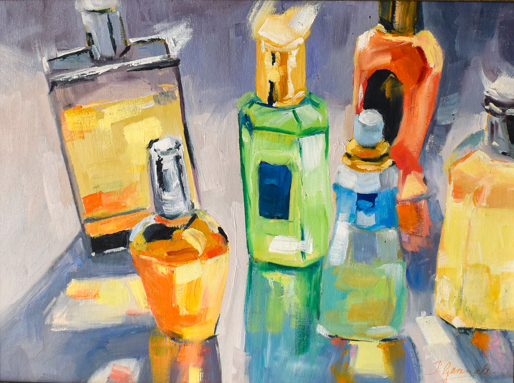 Six perfume bottles, backlit brings out shadows and light. The bottles are yellow, green, oranged and blue.