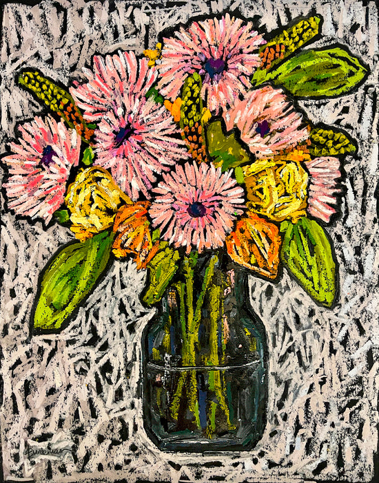 A floral arrangement of pink, yellow and orange flowers, adorned with green leaves rests in a dark, yet transparent vase. The background is comprised of feather like brushstrokes of white against a dark background.
