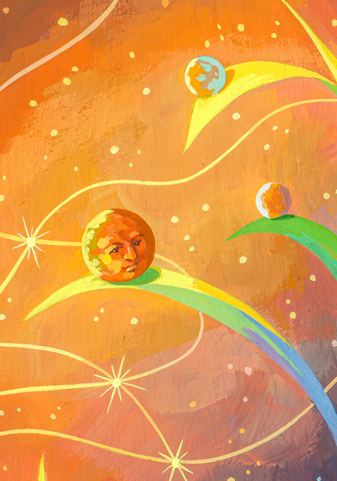 This close up shows three planets sitting on leaves. The closest planet is orange and has a face. There are lines across the image with bright sunbursts at the intersection of the lines. The colors are predominately oranges, yellows and green. 
