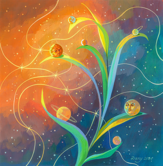 Six plants each rest on their own leaf of a universal plant. The galaxy background is a mixture of greens, blues, oranges and reds. 