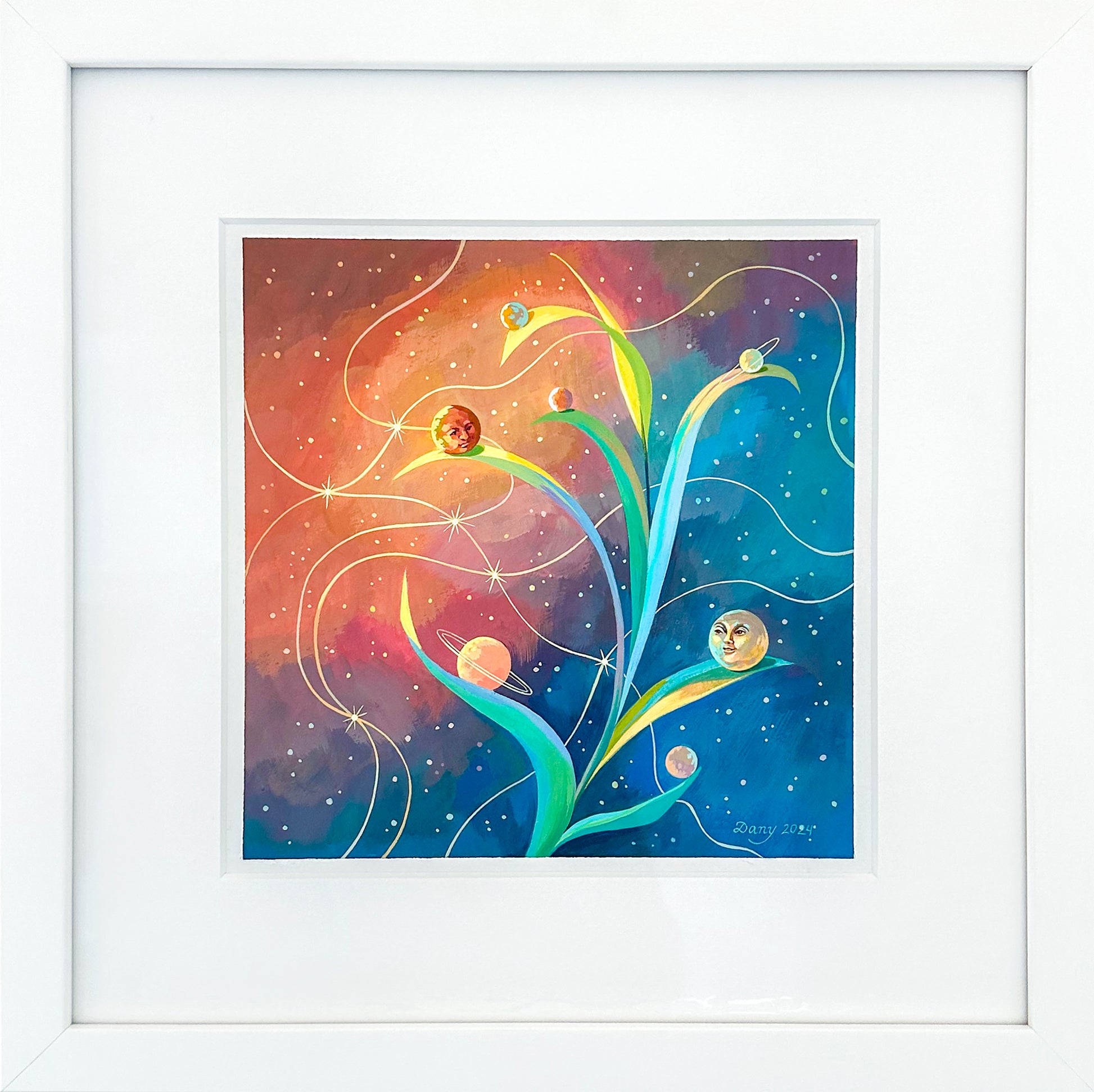 Planetary Phases is shown here framed in a white wooden frame. It is matted with a white mat. 