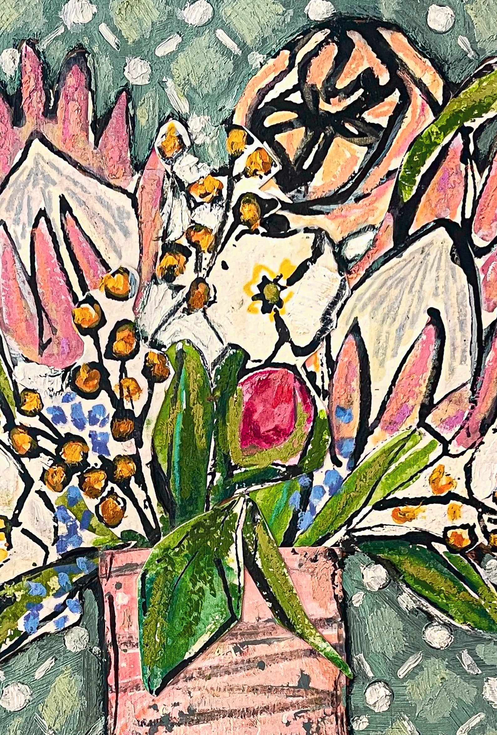 Closeup of painted collage of flowers, including protea blooms, in abstract pink vase against a blue/green checked background; artist Rachel Bunteman
