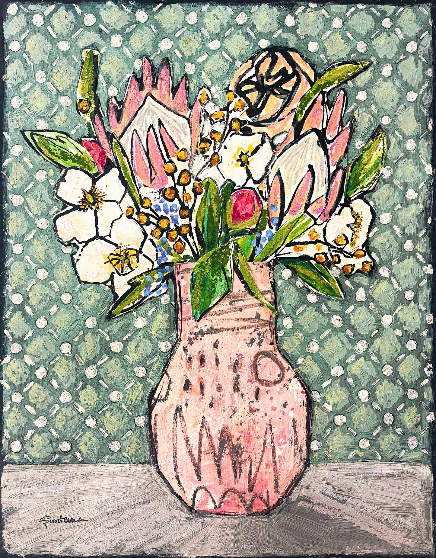 Painted collage of flowers, including protea blooms, in abstract pink vase against a blue/green checked background; artist Rachel Bunteman