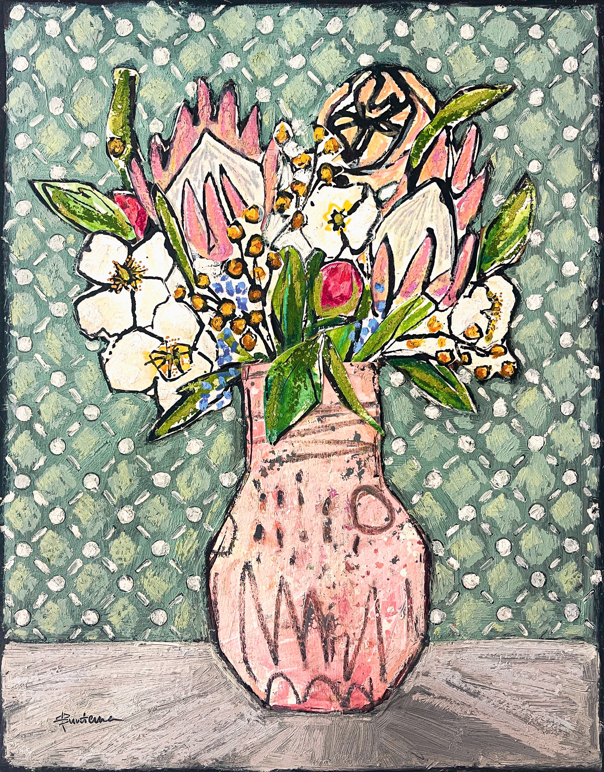 Painted collage of flowers, including protea blooms, in abstract pink vase against a blue/green checked background; artist Rachel Bunteman