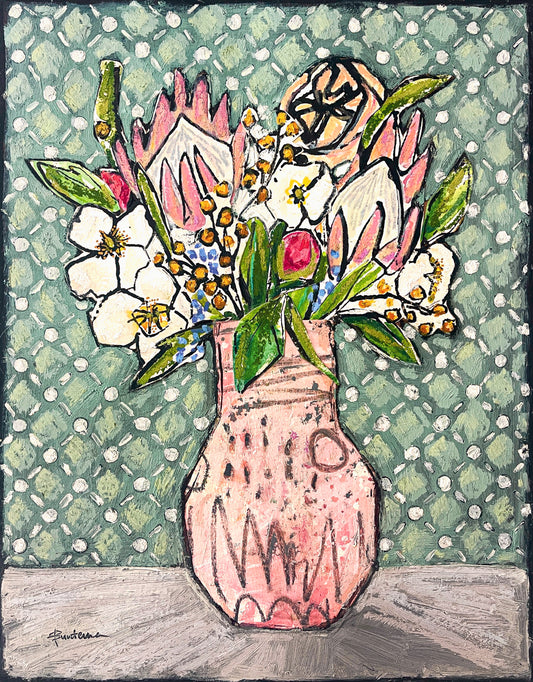 Painted collage of flowers, including protea blooms, in abstract pink vase against a blue/green checked background; artist Rachel Bunteman
