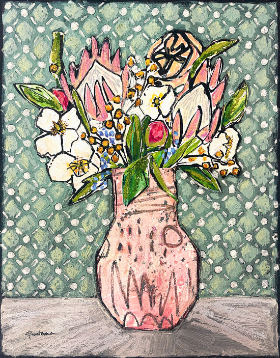 Painted collage of flowers, including protea blooms, in abstract pink vase against a blue/green checked background; artist Rachel Bunteman