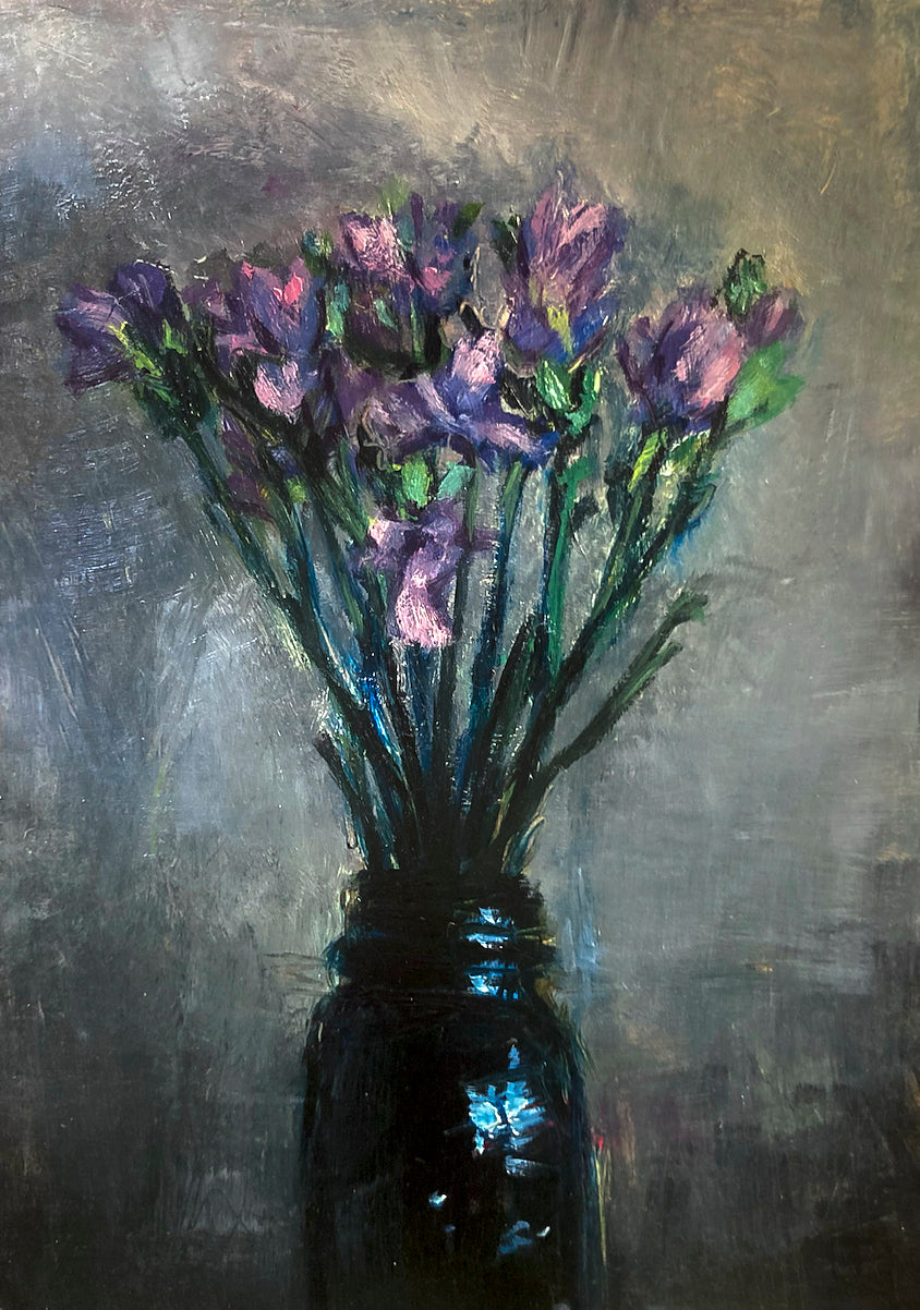 Oil painting of purple flowers in a black vase against a gray background titled 'Purple' by E. E. Jacks