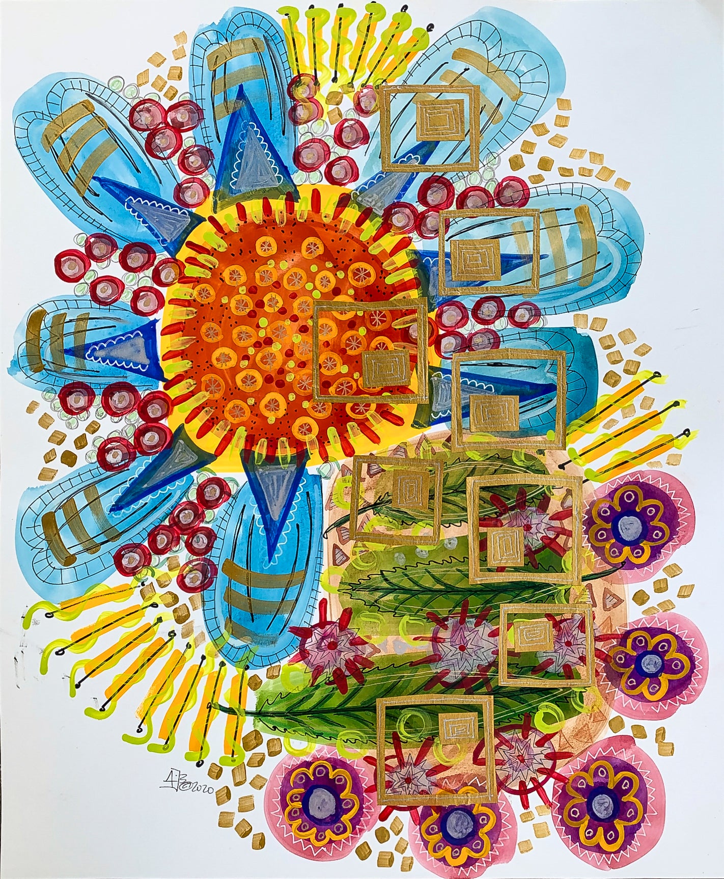 Abstract mixed media colorful image by Jenifer Hernandez - use of paint, markers, added bits of paper title 'Quarantine'