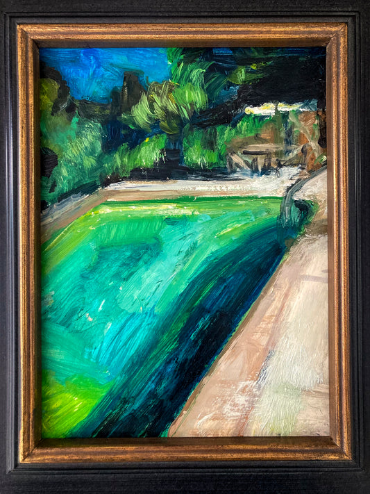 Colorful oil painting on paper; back view of pool at night; vibrant blues and greens and impression of lights and umbrella in background; 6"x8" image with 3" dark wood frame w/gold inner edge; artist E.E. Jacks;