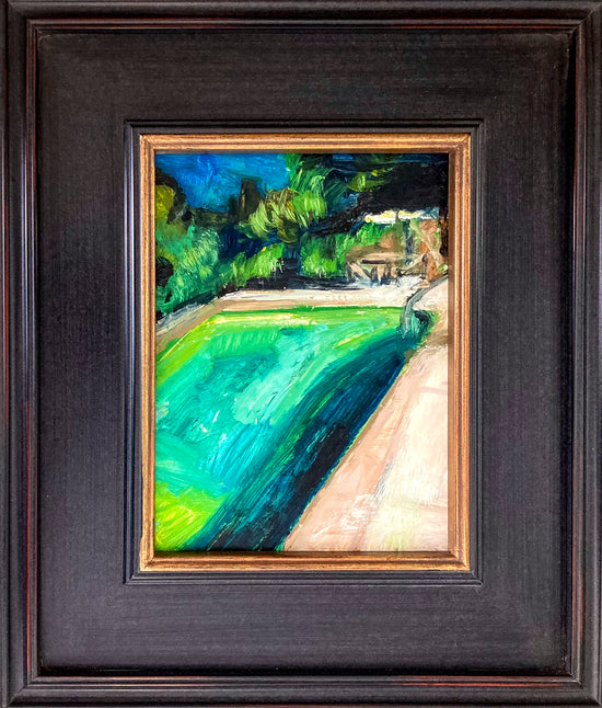 Colorful oil painting on paper; back view of pool at night; vibrant blues and greens and impression of lights and umbrella in background; 6