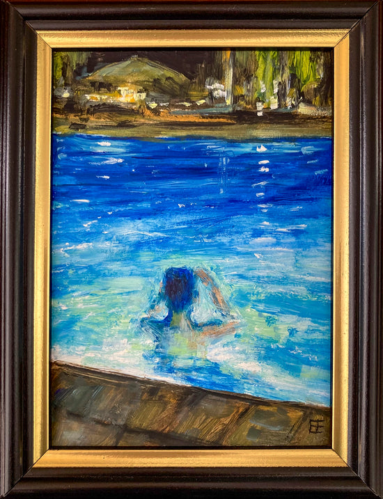 Colorful oil painting on paper; back view of person in pool at night; vibrant blues and impression of lights and umbrella in background; 5