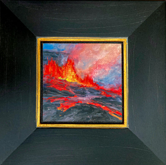 Colorful oil painting of Mauna Loa volcano erupting w/lava pouring down hillside; 6"x6" image w/dark wood 3" frame; artist E. E. Jacks