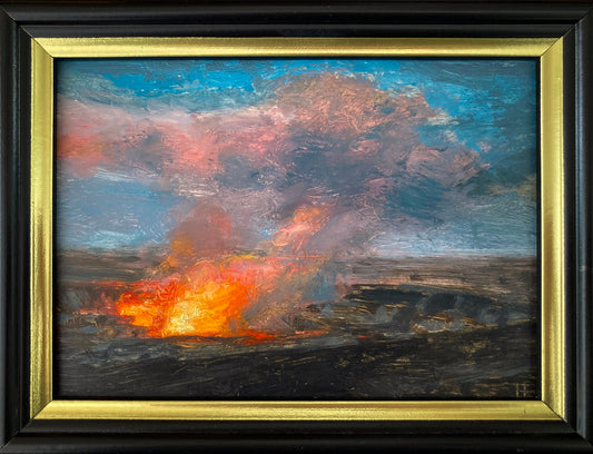 Colorful oil painting on paper of summit of volcano with lava and fire flames; 5"x7"; artist E. E. Jacks; 1" dark wood frame w/gold inner edge