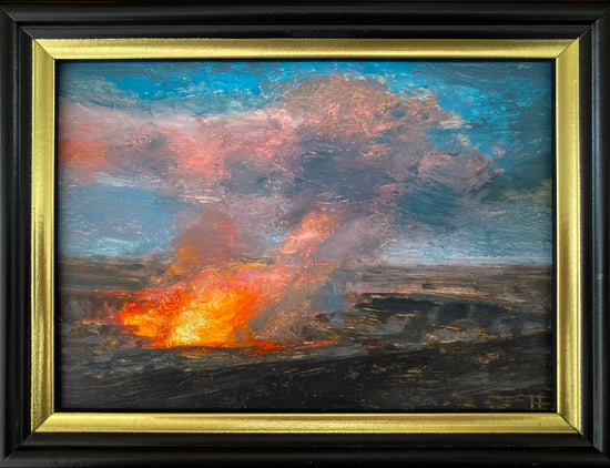 Colorful oil painting on paper of summit of volcano with lava and fire flames; 5