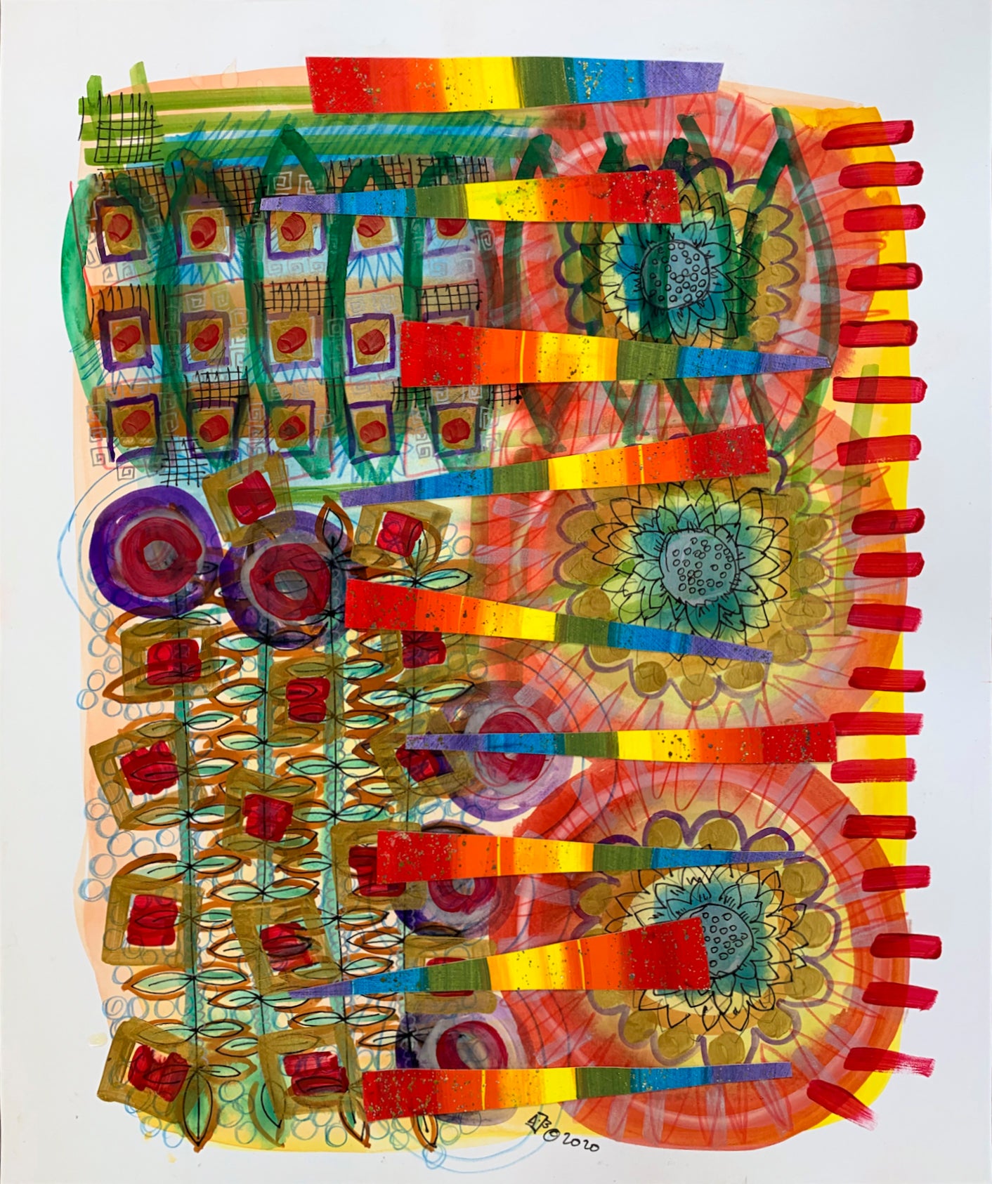 Abstract mixed media colorful image by Jenifer Hernandez - use of paint, markers, added bits of paper title 'Rainbow'