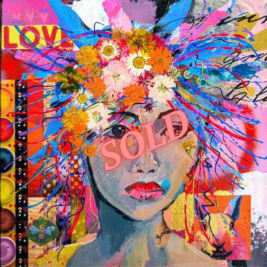 This work is a colorful abstract art piece with a woman's face and floral elements. The word LOVE appears in the left corner and on the side is a painter's palette of colors. 