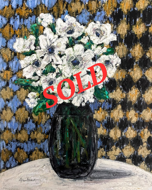White anemones still life in clear smoky glass vase with patterned background; watercolor and oil pastel, 11"x17"w/o frame; artist Rachel Bunteman