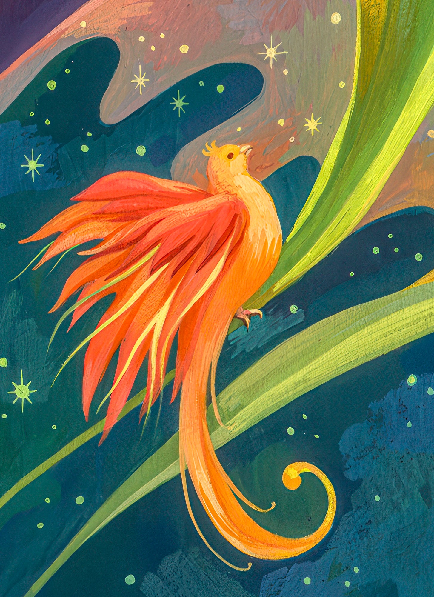 This is a close up of a bird with beautiful orange feathering. It sits on one of the leaves that surrounds Saturn's rings. 