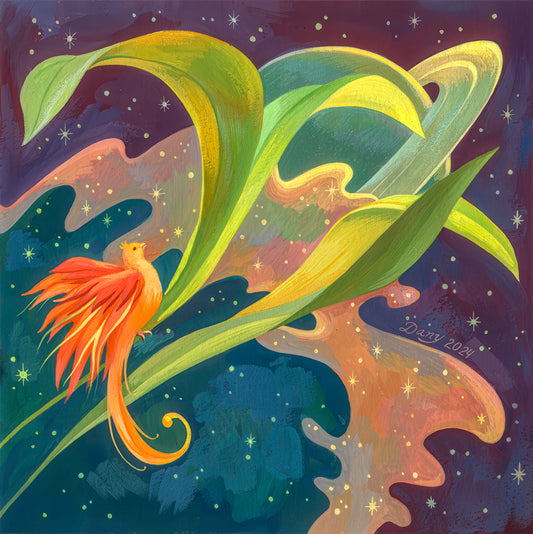 A beautiful orange feathered bird rests on a large leaf floating in the galaxy. The background hues are green, peach and yellow with dots of stars. 