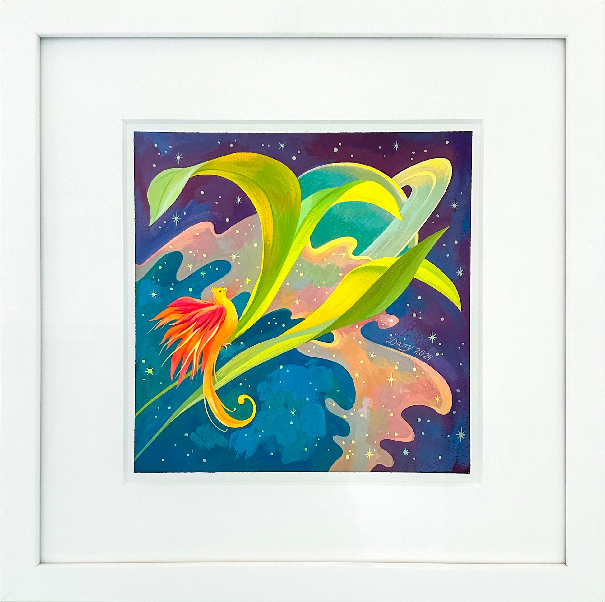 This image shows a framed version of Saturn Feathers. It is matted with a 1.5 inch white mat in a white wooden frame