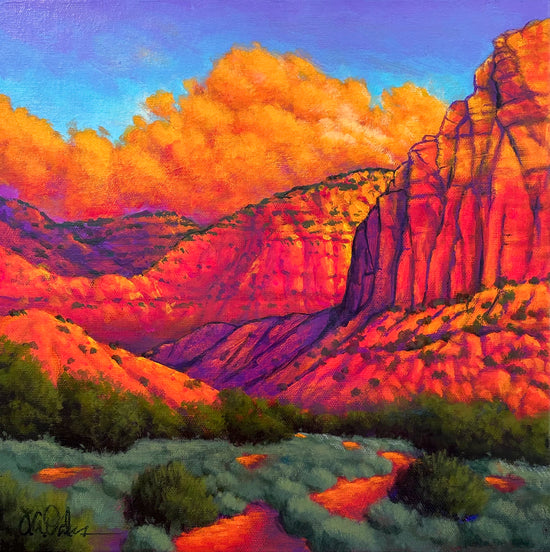 Bright orange and purple with trees and shrubs in shades of green are the center of this painting. There are orange thunderclouds over the rock formations and hints of a blue sky. 