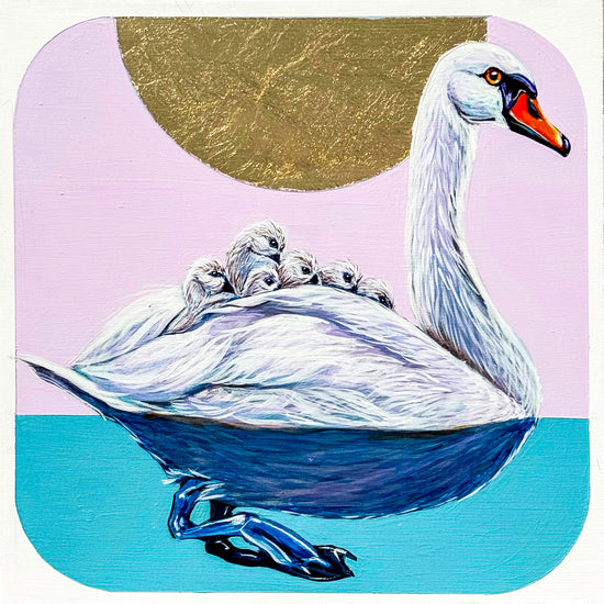 This mother swan swims with six baby swans on her back. Over head is a gold leaf sun and below the clear blue water allows us to see her feet underwater. The feathering on the swan is a mixture of white and gray brushstrokes.
