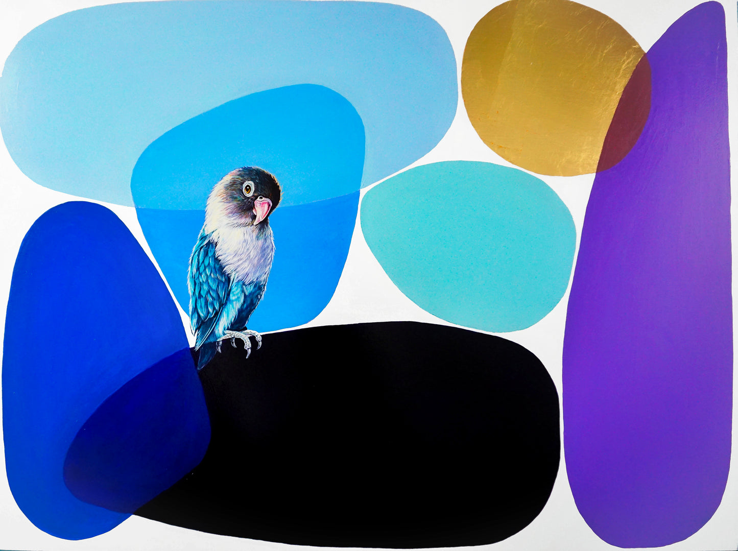 Marie Lavallee's stunning piece shows a blue lovebird sitting on a sold black oval. Various oval shapes in blues, purple and a single gold leaf circle make up the background. The feathers on the bird are extremely detailed. 