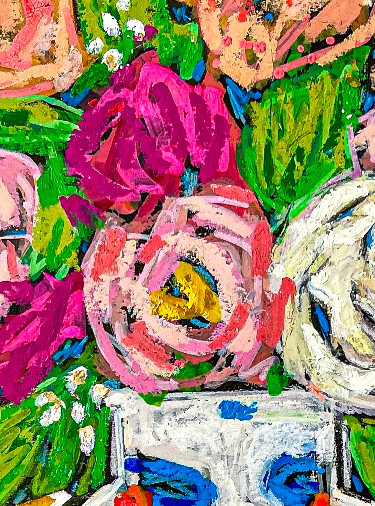 Zoomed image showing the lines of oil pastel that form the flowers in the mixed bouquet. Colors include red, pink, green, orange and whites.