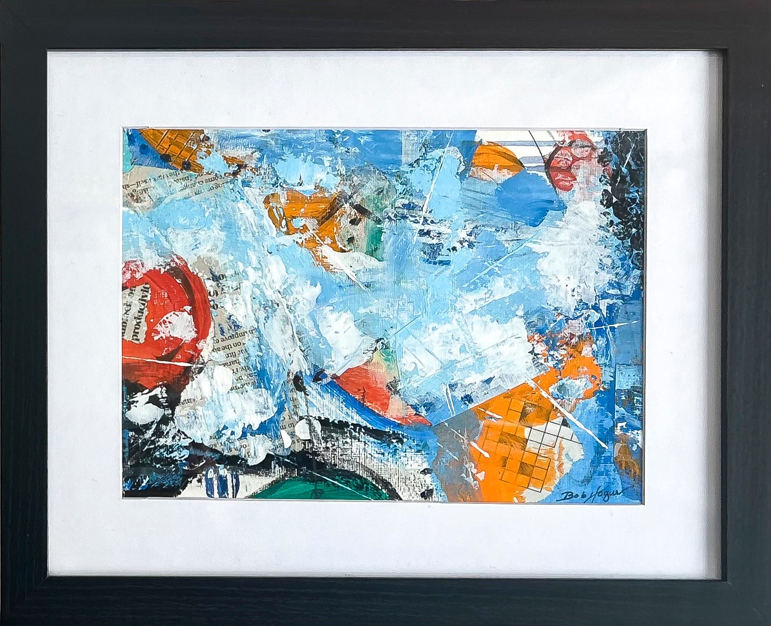 Colorful abstract painting using acrylic; predominant blue, yellow, and white; artist Bob Hogue; 8"x10" and w/black wood frame and white mat 11"x 14"