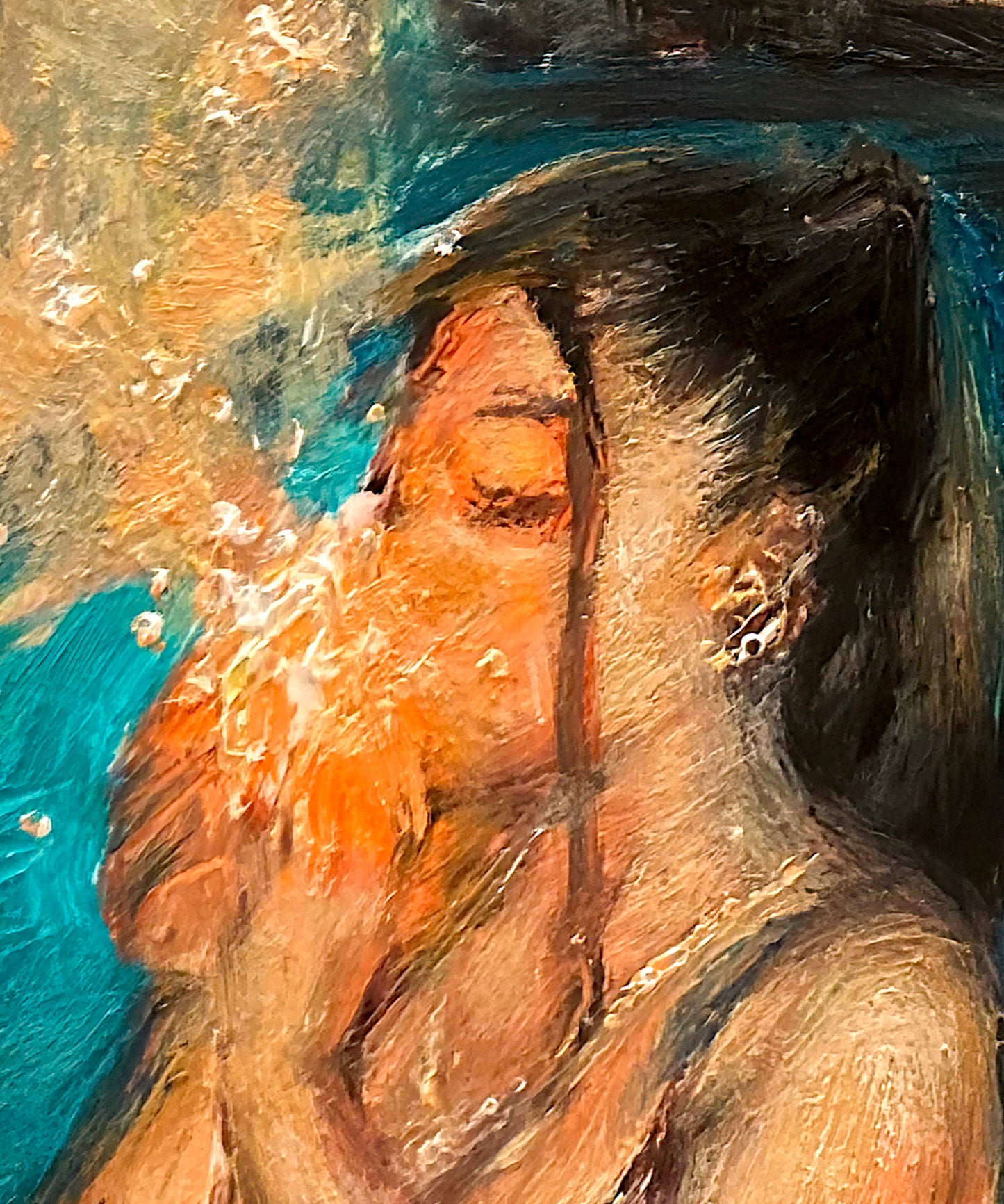 Closeup of oil painting of a girl alone in the pool, her figure caught between water and sky. The water ripples gently in deep greens and blues, and her breath seems to bring the night to life. As she exhales, glowing stars spill from her mouth, drifting up into the sky like smoke; artist E. E. Jacks