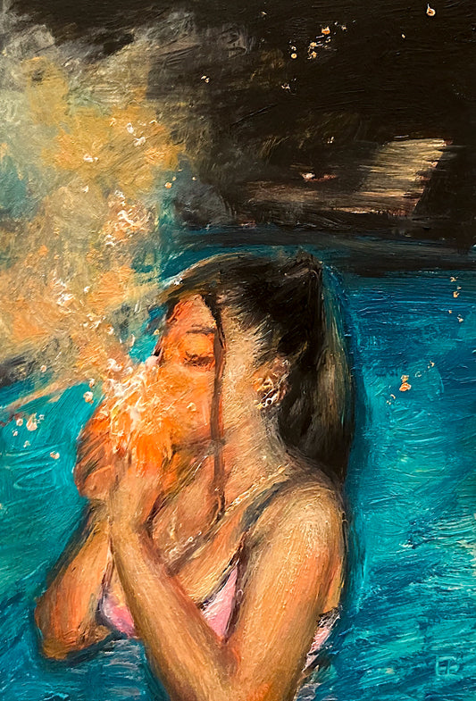 Oil painting of a girl alone in the pool, her figure caught between water and sky. The water ripples gently in deep greens and blues, and her breath seems to bring the night to life. As she exhales, glowing stars spill from her mouth, drifting up into the sky like smoke; artist E. E. Jacks