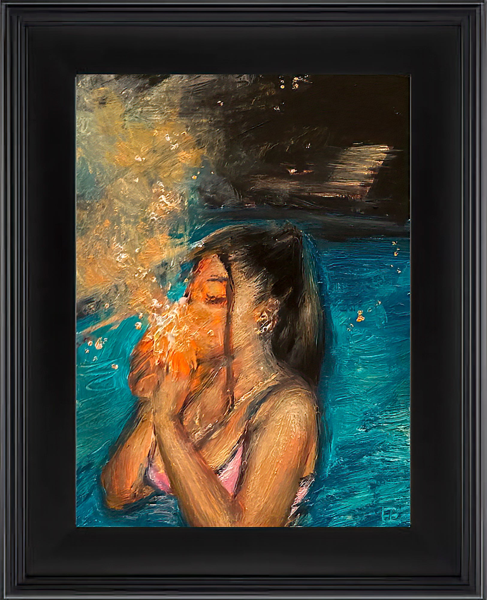 Oil painting of a girl alone in the pool, her figure caught between water and sky. The water ripples gently in deep greens and blues, and her breath seems to bring the night to life. As she exhales, glowing stars spill from her mouth, drifting up into the sky like smoke; artist E. E. Jacks; shown with 2" black wood frame