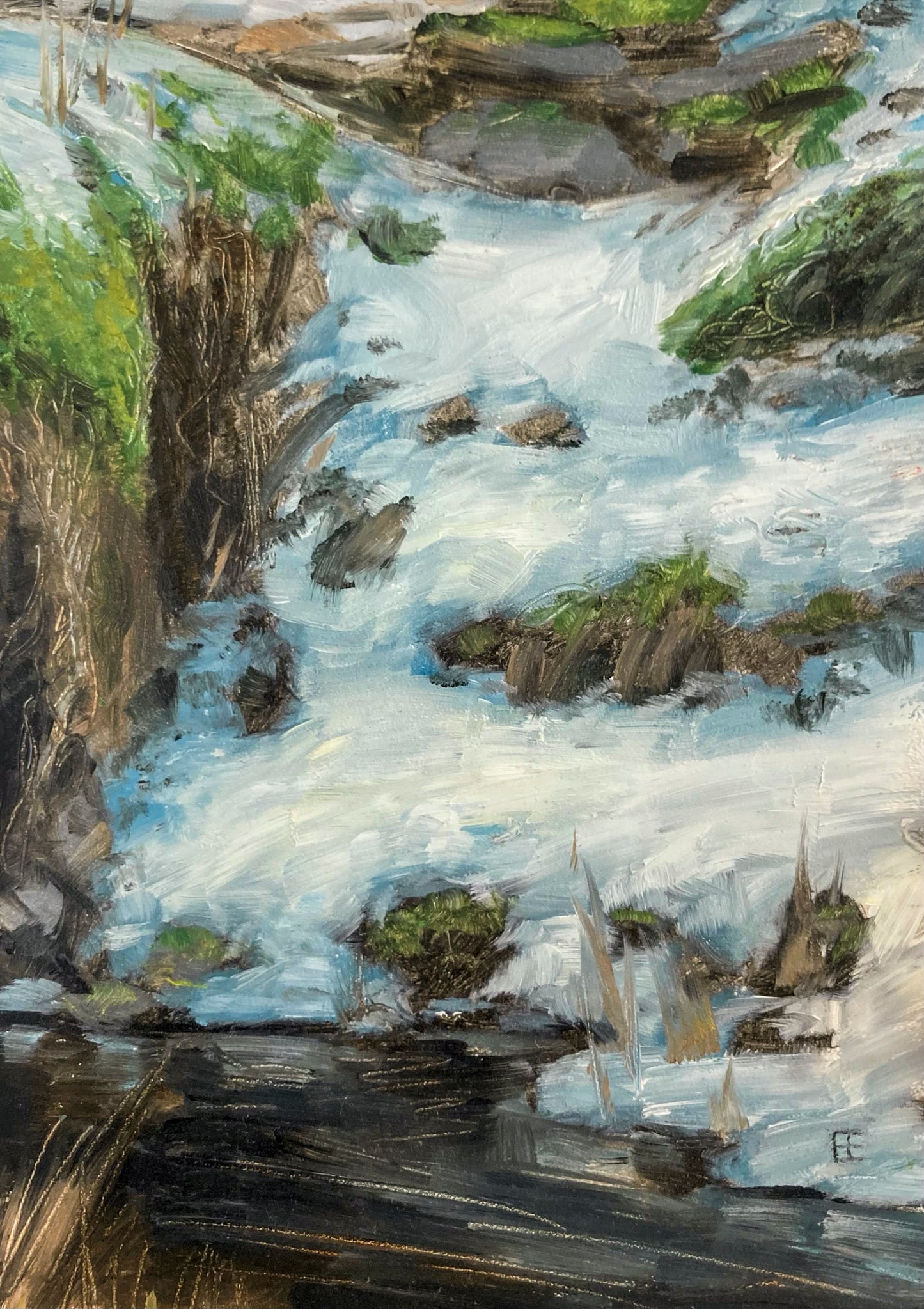 River flowing down a brown hillside with patches of green in the snow; artist E.E. Jacks; 5"W x 7"H