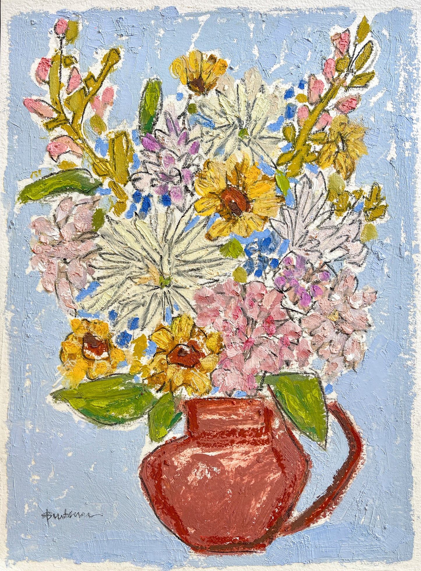 This still life of a bouquet of wild flowers is in shades of pink, yellow and ivory. The vase is a maroon colored pitcher which barely holds the bunch of flowers. The background is sky blue with slight variations in the color. 