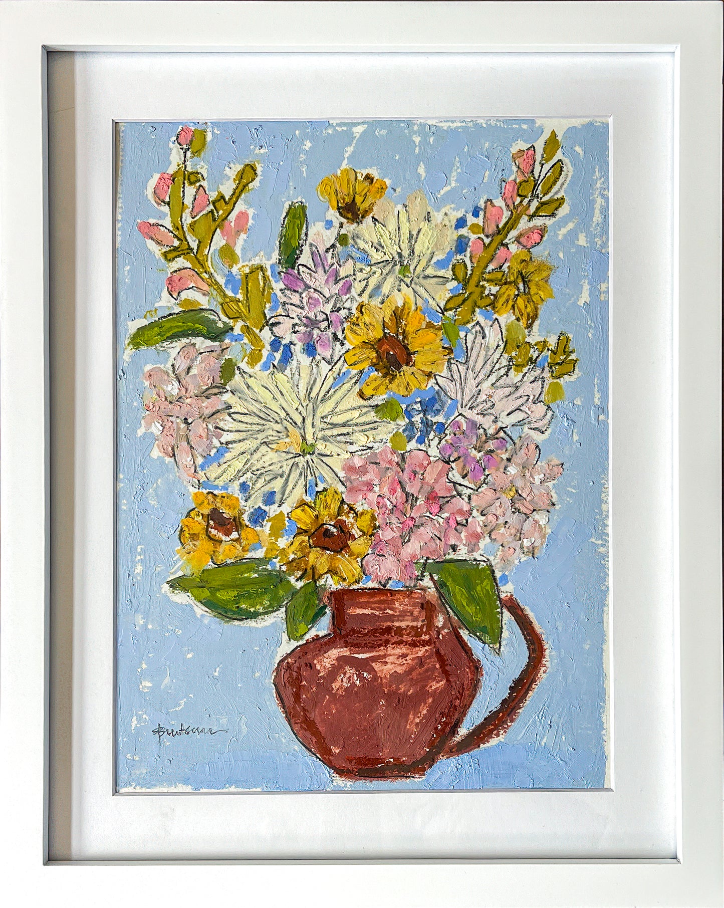 This image shows Summer At the Cottage framed in a white wooden frame with a white mat. 