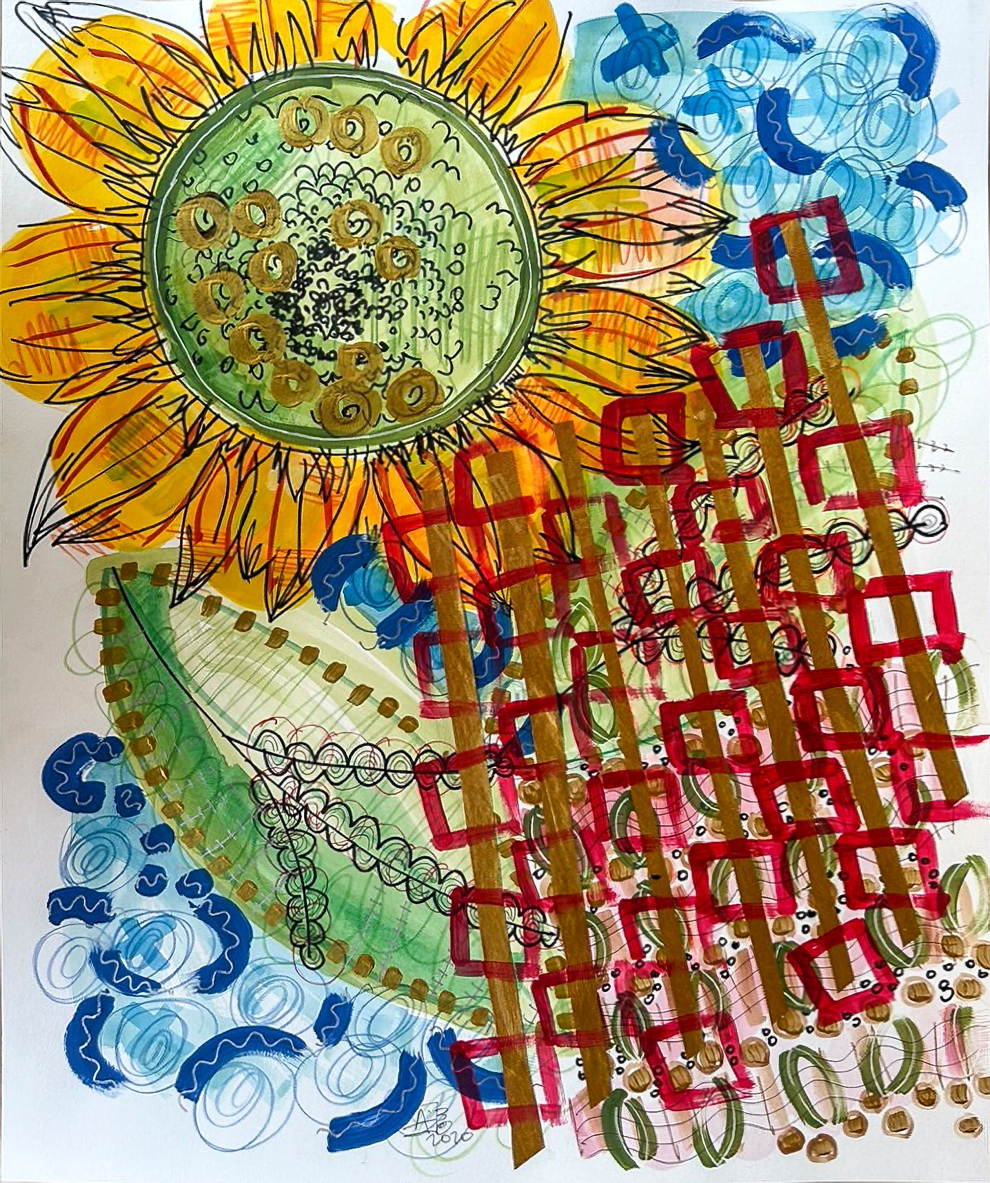 Colorful mixed media abstract and graphic design titled Sunflower at Sea by artist Jenifer Hernandez.