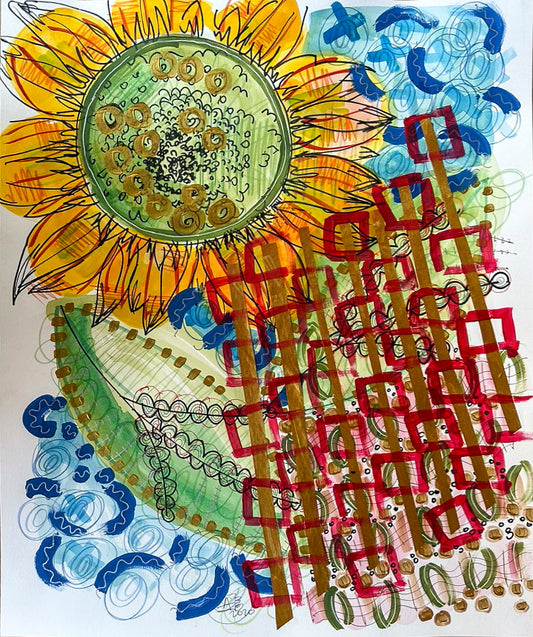 Colorful mixed media abstract and graphic design titled Sunflower at Sea by artist Jenifer Hernandez.