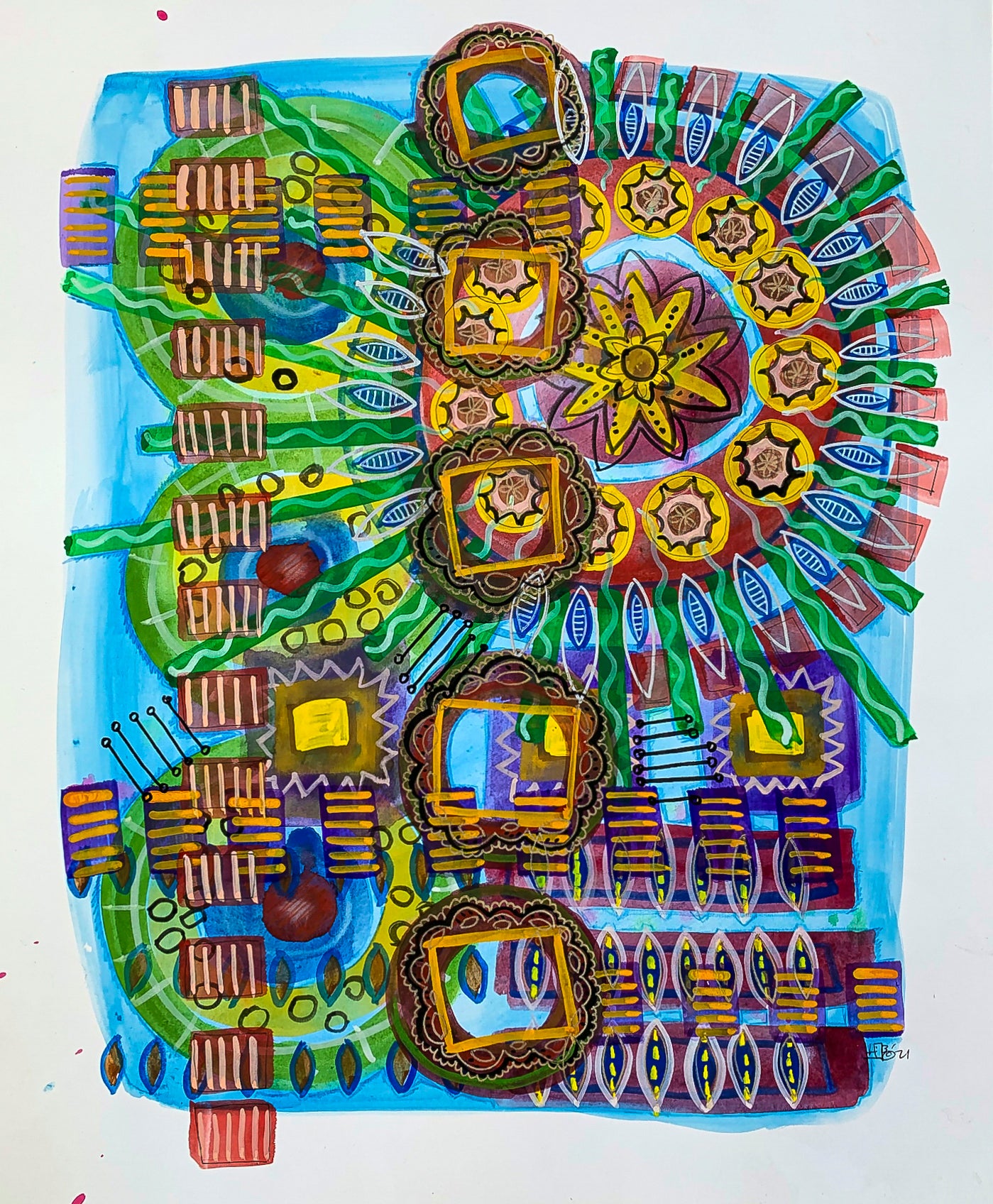 bstract mixed media colorful image by Jenifer Hernandez - use of paint, markers, added bits of paper title 'Sunny Day'