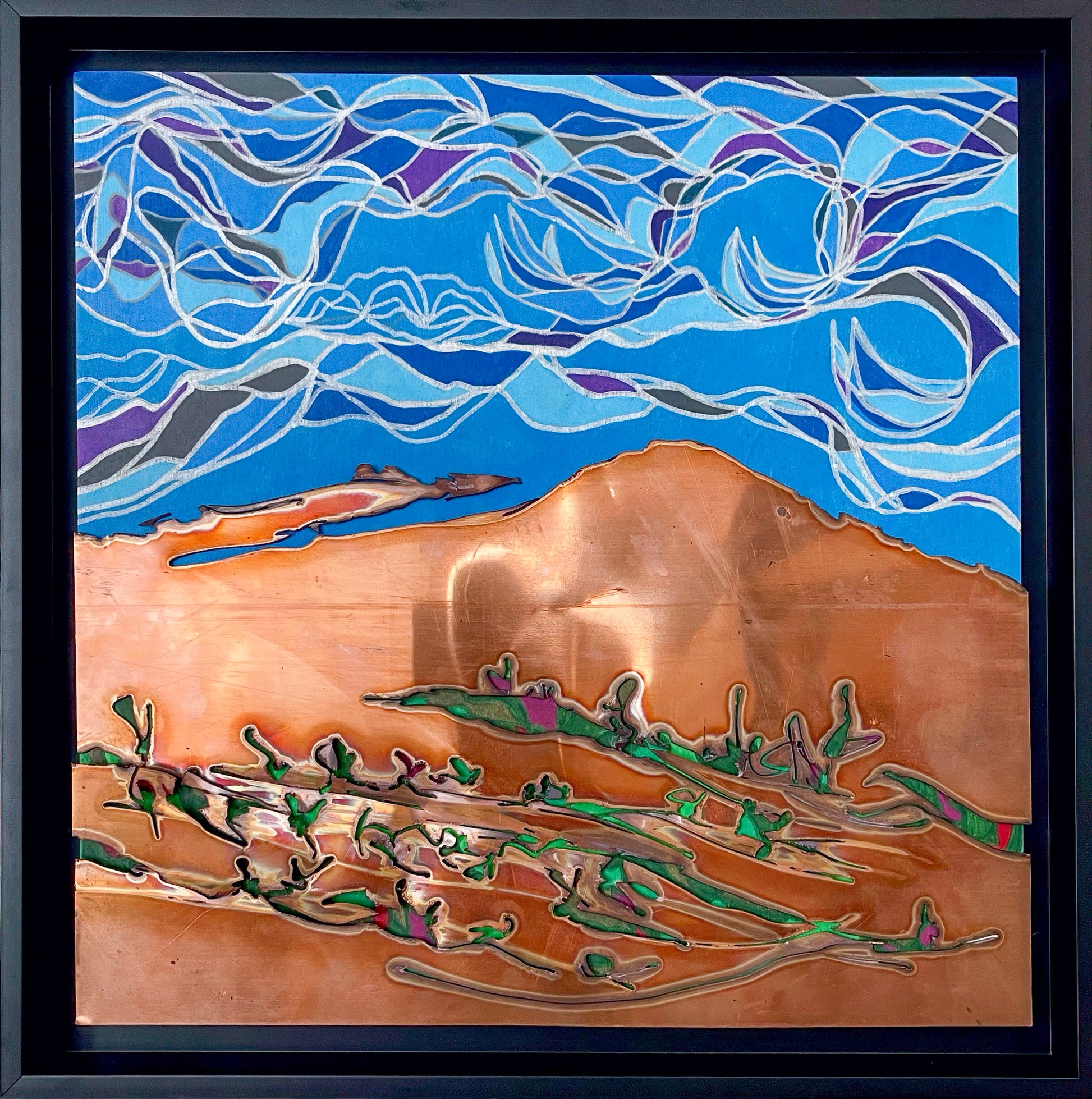 Acrylic markers against a copper background adds dimension and texture to this piece featuring a blue sky comprised of shades of blues and purples. Below are the earthy colors of copper and green. 