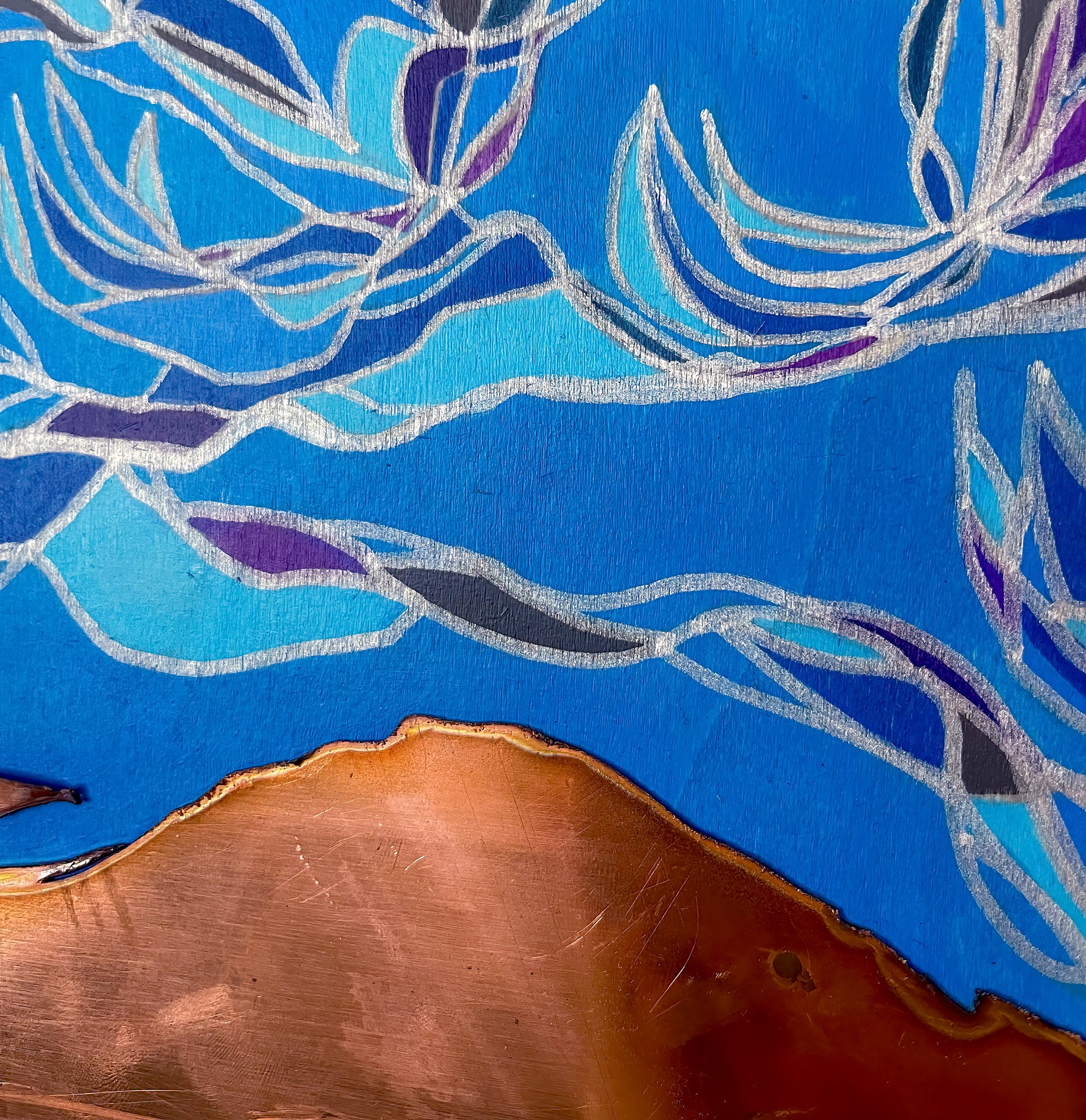 This image is a close up of the top portion of the artwork highlighting the various shades of blues and purples of the sky. 