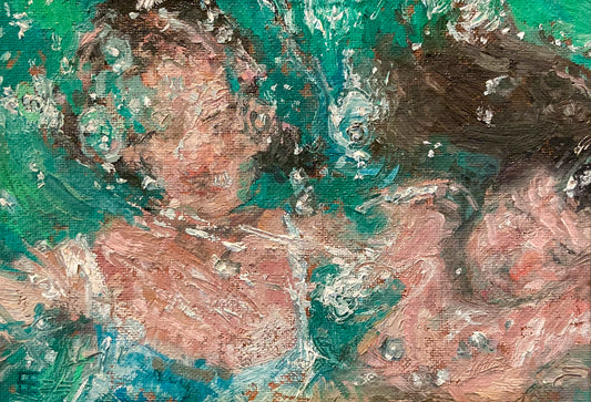  A painting of two  faces appearing submerged in water. which swirls across the canvas. Using warmer tones for the skin, set against the cooler hues of green and touches of blue, 
