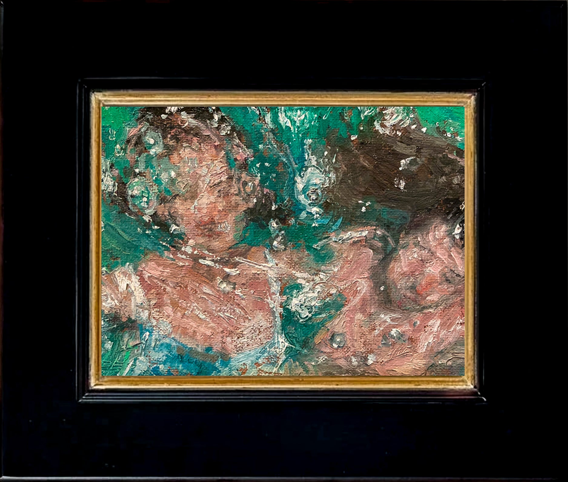  A painting of two  faces appearing submerged in water. which swirls across the canvas. Using warmer tones for the skin, set against the cooler hues of green and touches of blue; shown with 2" black wood frame