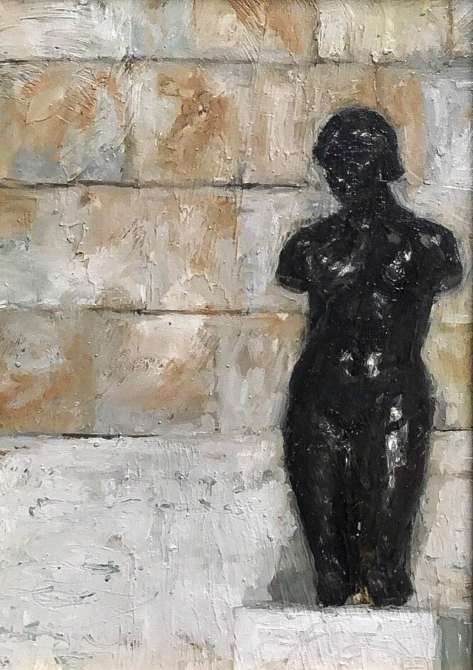 Oil painting of black statue figure against beige block wall titled 'The Axis' by E. E. Jacks