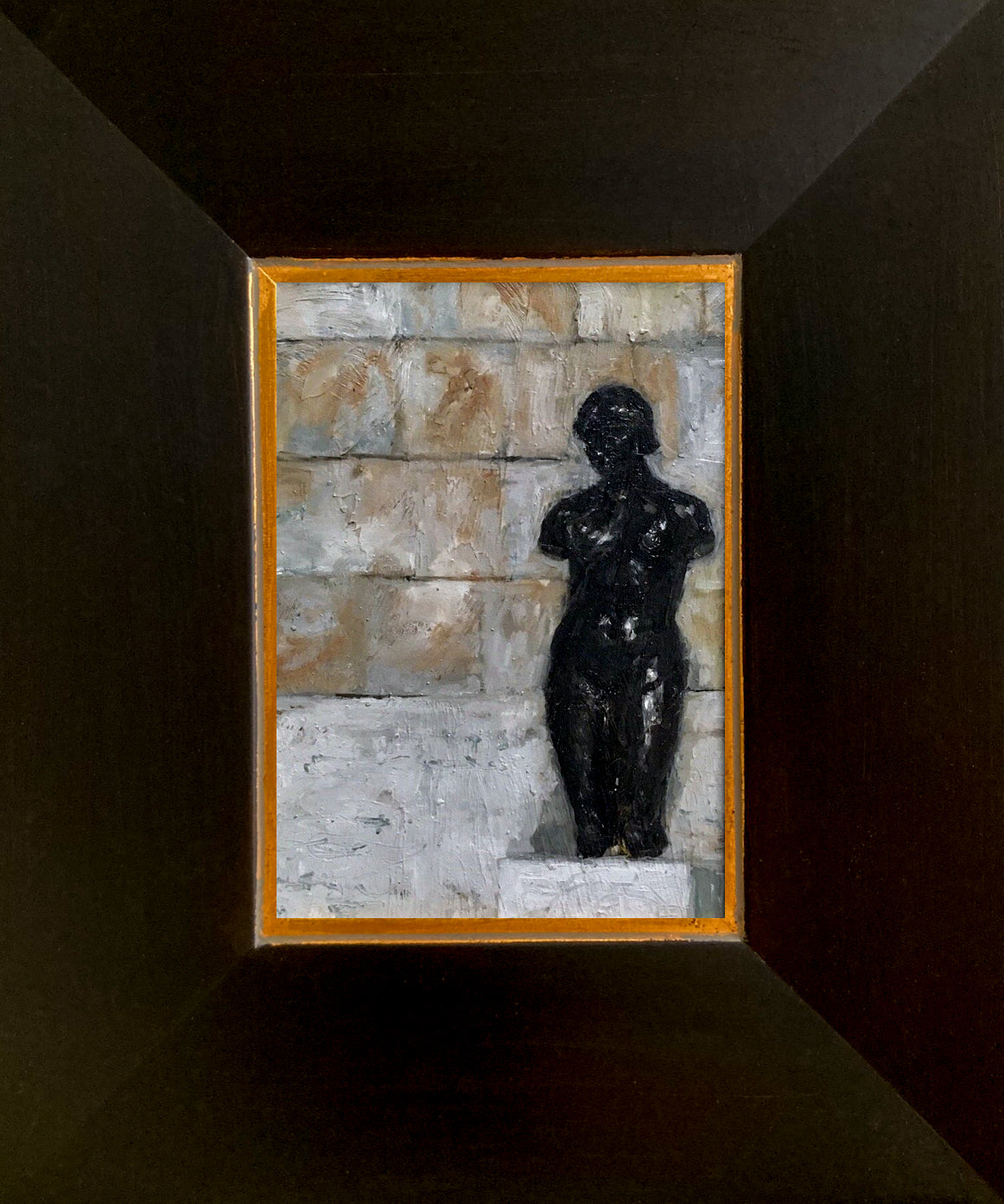 Oil painting of black statue figure against beige block wall titled 'The Axis' by E. E. Jacks with dark wood frame with gold trim
