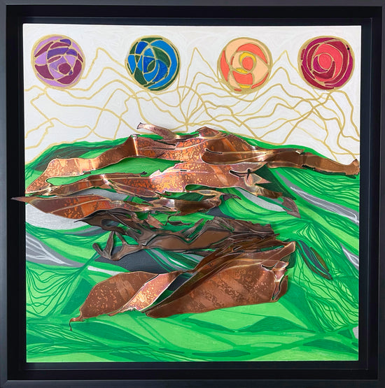 This piece has four orbs of color, purple, blue, orange and red in the sky which includes a tangle of lines. The base of the piece is a mixture of green acrylic market overlaid with three dimensional pieces of bent copper. 